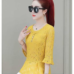 Tops blusas feminina korean spring autumn women vestidos sweet loose Half sleeve yellow lace shirts female DF2637 210609