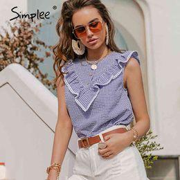 Casual women sleeveless plaid shirt Ruffled O-neck office lady shirts buttons Elegant streetwear female tops summer 210414