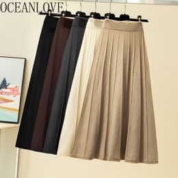 Pleated Solid A-line Autumn Winter Warm Vintage Long Skirts Women High Waist Knitted Mujer Faldas 17982 210415