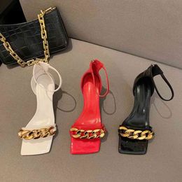 Summer Women Sandals Square Open Toe Metal Chain Ankle Strap Back Zippers Solid Color Thin Mid Heels Sandals Shoes Woman 210513