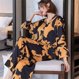 pyjamas loungewear Sleepwear silk Women's home clothes two piece sets nighty for ladies Long Sleeve Sleeping Shirt 210830