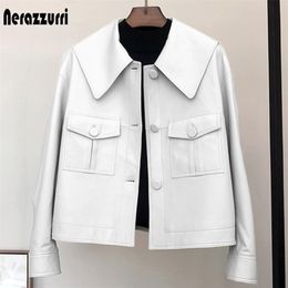 Nerazzurri Spring short light white leather jacket for women peter pan collar long sleeve Casual leather jackets for women 210916
