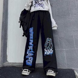 Black wide-leg pants men women fall Korean retro letter anime print loose bf sports casual trousers trend streetwear 210526