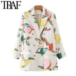 TRAF Women Fashion Double Breasted Fruit Print Blazers Coat Vintage Long Sleeve Pockets Female Outerwear Chic Tops 211006