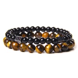 2pcs/Set Natural Tiger Eye Stone Fashion Bracelets 8mm Beads Bracelet Couple Men Women Hematite Elastic Energy Bracelet