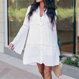 Tunic Cover-ups 2021 White Cotton Beach Mini Dress Summer Women Beachwear Sexy V-Neck Button Front Swimsuit Cover Up Q911 Sarongs