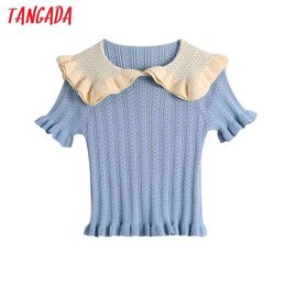 Mulheres Azul Ruffled Cropped Crown Sweater Patchwork Collar Manga Curta Fêmea Pullovers Chique Tops Be476 210416