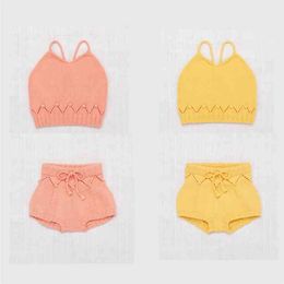 SS Kids Girls Summer Knitting Clothes Sets Misha Puff Children Crochet Sling Tops and Bloomers Baby Girl 210619