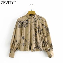 Women Vintage Stand Collar Flower Print Smock Blouse Ladies Business Shirt Chic Femme Back Buttons Blusas Tops LS7500 210416