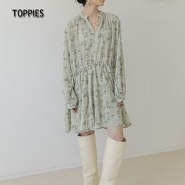 Toppies Casual Printing Blouses Dresses Loose Long Sleeve Mini Dress Women v-neck vestidos 210412