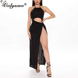 Colysmo Long Party Dresses Women Hollow Out Split Hem Sexy Back Maxi Summer Off Shoulder Backless Night Club 210527