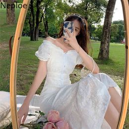 Neploe Women White Dress Summer Korean Sexy Robe Slash Neck Puff Sleeve Beach Elegant Dresses Elegant Slim Big Swing Vestidos 210422