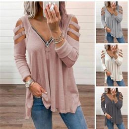 top out UK - Womens T-Shirt Sexy Hollow-Out Lady Fashion Tops Casual Clothes Pullover Long Sleeve V-neck Loose Tshirts Zipper Plus Size TeeShirt Femme
