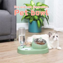 Cat Bowls & Feeders Dog Bowl Automatic Feeder Pet Food With Water Dispenser 15 Degrees Tilted Stainless Steel Puppy Feeding Supplies