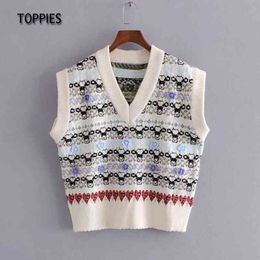 Toppies Jacquard Sweater Vest Women Knitted Tops Casual V-neck Waistcoat Female Sleeveless Vest Jacket 210412