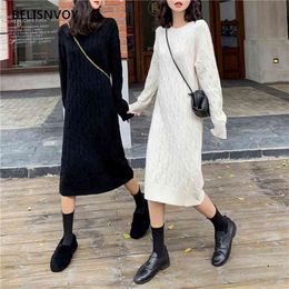 Autumn Winter Women Dresses Knitted Korean Style Fashionable Oversize Warm Elegant Lady Midi Dress Roupas Femininas 210520