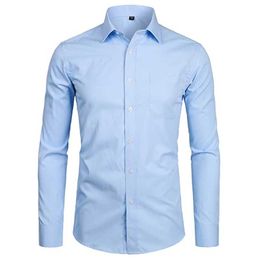 Men's Sky Blue Slim Fit Dress Shirts Long Sleeve Brand Men Cotton Top Quality Business Formal with Pocket 210809
