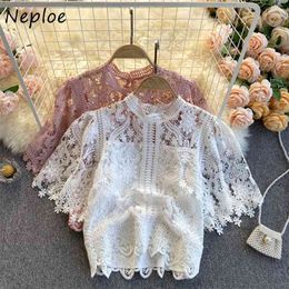 Neploe Elegant Lace Hollow Out Design Solid Blouse Women O Neck Pullover Long Sleeve Slim Blusas Spring New Shirt Feminino 210423