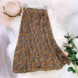 Qooth Summer Skirt Women Ins Floral Printed Pleated Skirts School Girl Midi Skirt Female Chiffon Skirts qh2283 210518