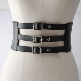 Belts Fashion Alloy Women Elastic Three-Row Pin Buckle Wide-Brimmed Belt Vintage Punk Style PU Leather Dress Decorative