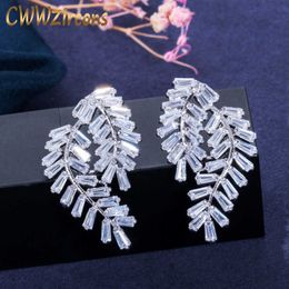 Brand Elegant Design Big Leaf Shape Square Cubic Zirconia Stone 925 Sterling Silver Women Stud Earrings Jewellery CZ238 210714