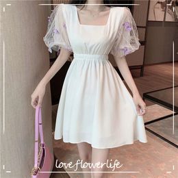 Chiffon White Elegant Dress Women Puff Sleeve Sweet Mini Dress Evening Party Dress Korean Kawaii Summer Chic 210521