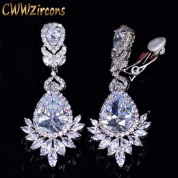 No Hole Piercing Ear Jewellery Cubic Zirconia Crystal Bridal Long Luxury Wedding Clip on Earrings Non Pierced CZ409 210714