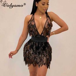 Colysmo Gold Sequin Dress Tassel Summer Party Women Backless Haler es Mini Bodycon Sexy Clubwear Vestido 210527