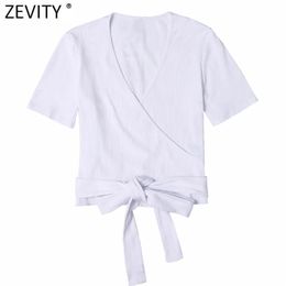 Women Simply Cross V Neck Hem Bowknot Chic T Shirt Ladies Candy Colour Short Sleeve Casual Slim Crop Tops LS7551 210416