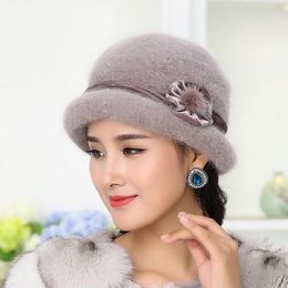 Winter Women Knitted Floral Skullies Super Soft Wool Mix Fur Hat Warm Beanies Female Baggy Headwear Cap H3 Wide Brim Hats