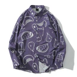 Designer Shirts Mens Funny Summer Fruit Printed Chest Pocket Long Sleeve Shirt Fashion Hip Hop Men Clothing 210527