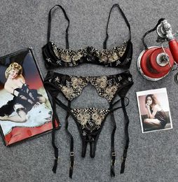 NEW Women Intimates Embroidery Half Cup Lingerie Thin Temptation and Panty with Garters Sets Sexy Bra Crotchless Panties Set1259c
