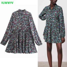 VUWWYV Floral Print Shirt Dress Women Spring Vintage Pleated Short Woman Long Sleeve Smock Design Collar Vestidos 210430