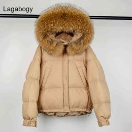 Lagabogy Winter Women Natural Raccoon Fur White Duck Down Coat Female Hooded Warm Puffer Jacket Loose Parkas Snow Outwear 211130