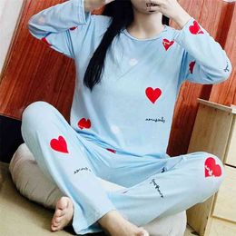 Womens Pajamas Sets Autumn Winter Long Sleeve Cartoon Print Cute Loose Sleepwear Girl Pijamas Mujer Leisure Nightgown Women 210809