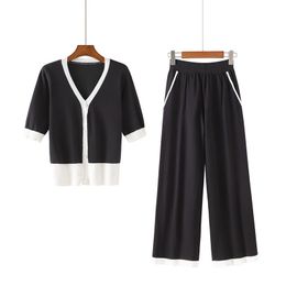 Women V Neck Knitted Cardigan Short Sleeve Black Khaki Calf Length Pants Set Autumn Elastic T0136 210514