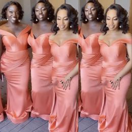 African Off Shoulder Peach Bridesmaid Dresses For Wedding Guest Dress Satin Beach Cap Sleeves Draped Zipper Back Maid Of Honour Gowns Plus Size Sweep Train