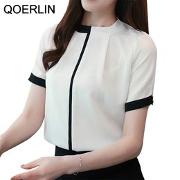 2XL OL Style Tops Shirts Women Korean Stand-up Collar Short Sleeve Contrast Chiffon Shirt Female Workwear 210601