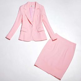 small suit skirt two piece work clothes interview women's clothing High quality slim pink ladies blazer Elegant 210527