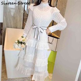 Elegant Woman Dress Belt Cascading Ruffle Long Sleeve White Party Vestidos Designer Maxi Dresses Female Spring Clothing 210603