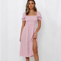 Inspired gingham pink for women slit side long cotton plaid summer smocked square neck laides dress 210412