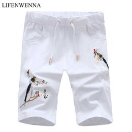 Casual Men's Shorts Summer Fashion Flower And Bird Embroidery Shorts Black White Drawstring Cotton Slim Beach Shorts M-5XL 210528