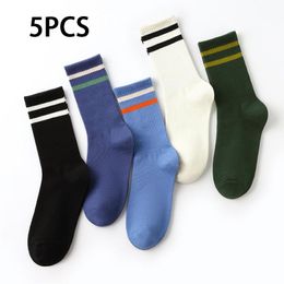 Men's Socks 5Pcs Solid Colour Horizontal Bar Tube Three Yarn Texture Men And Women Cotton Couple Sock