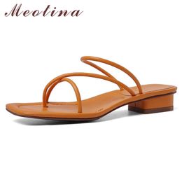 Meotina Real Leather Low Heel Slippers Flip Flops Narrow Band Women Shoes Square Toe Thick Heels Slides Summer Sandals Lady 42 210608