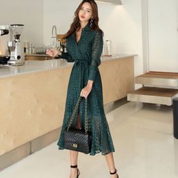 Spring Hollow-out Lace Women Long Dress with Belt Single Breasted Elegant Mermaid Female Full Sleeve Autumn Vestidos femme 210514