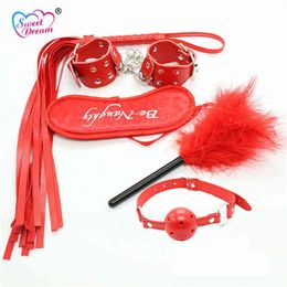 Nxy Sex Adult Toy Sweet Dream 5pcs set Pu Leather Bdsm Bondage Restraints Set Blindfold Mouth Gag Handcuffs Whip Toys for Couple Dw 425 1225