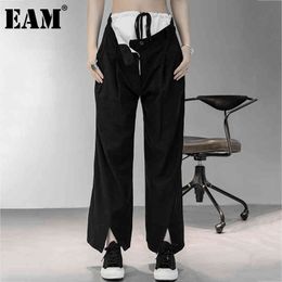 [EAM] High Elastic Waist Black Spliced Slit Wide Leg Trousers Loose Fit Pants Women Fashion Spring Autumn 1DD7722 21512