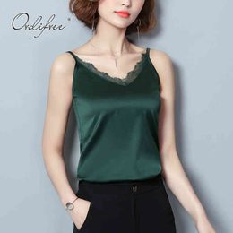 Summer Silk Camis Women Satin Tank White Black Green Lace Crochet Vintage Sexy Tops Camisole Vest 210415