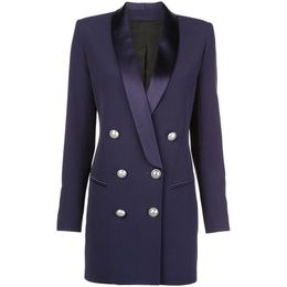 HIGH STREET est Designer Blazer Women's Metal Lion Buttons Double Breasted Shawl Collar Long Jacket Navy Blue 211006