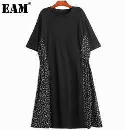 [EAM] Women Black Big Size Casual Printed Drawstring Dress Round Neck Short Sleeve Loose Fashion Spring Summer 1DD8596 210512
